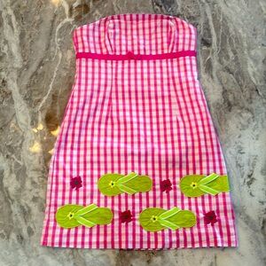 Black Label Lilly Pulitzer Pink and White Gingham strapless dress.